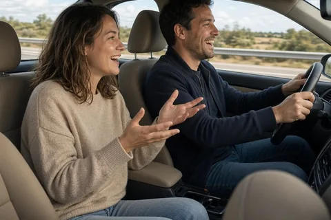 Woman in passenger seat of a car gesturing while talking to a smiling man in the driver's seat