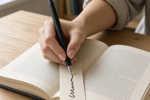 A hand writing on the bookmark of an open book resting on a wooden desk