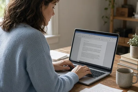 A woman typing on a laptop at a desk in a home office, focused on her work with papers nearby.