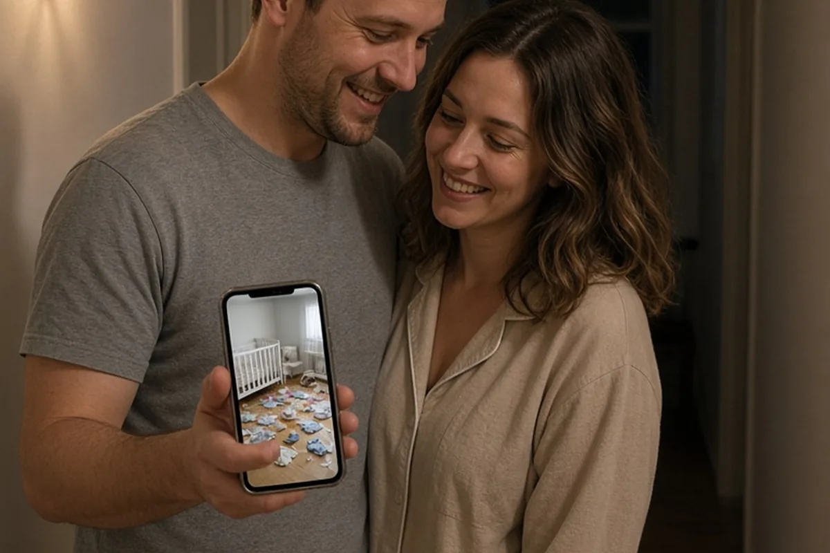 A man and a woman laughing in a home hallway at night while looking at a smartphone