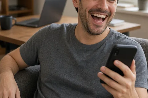 A clearly adult man in his thirties with short dark hair wearing a t-shirt laughing while holding a smartphone in a home office