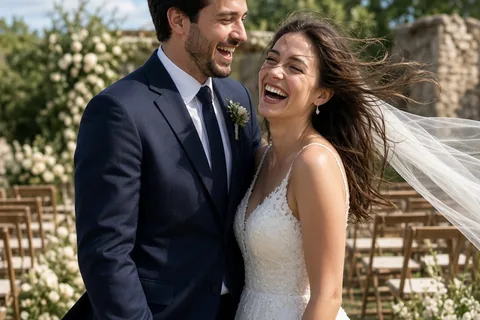 A couple laughing at an outdoor wedding with wind-blown hair