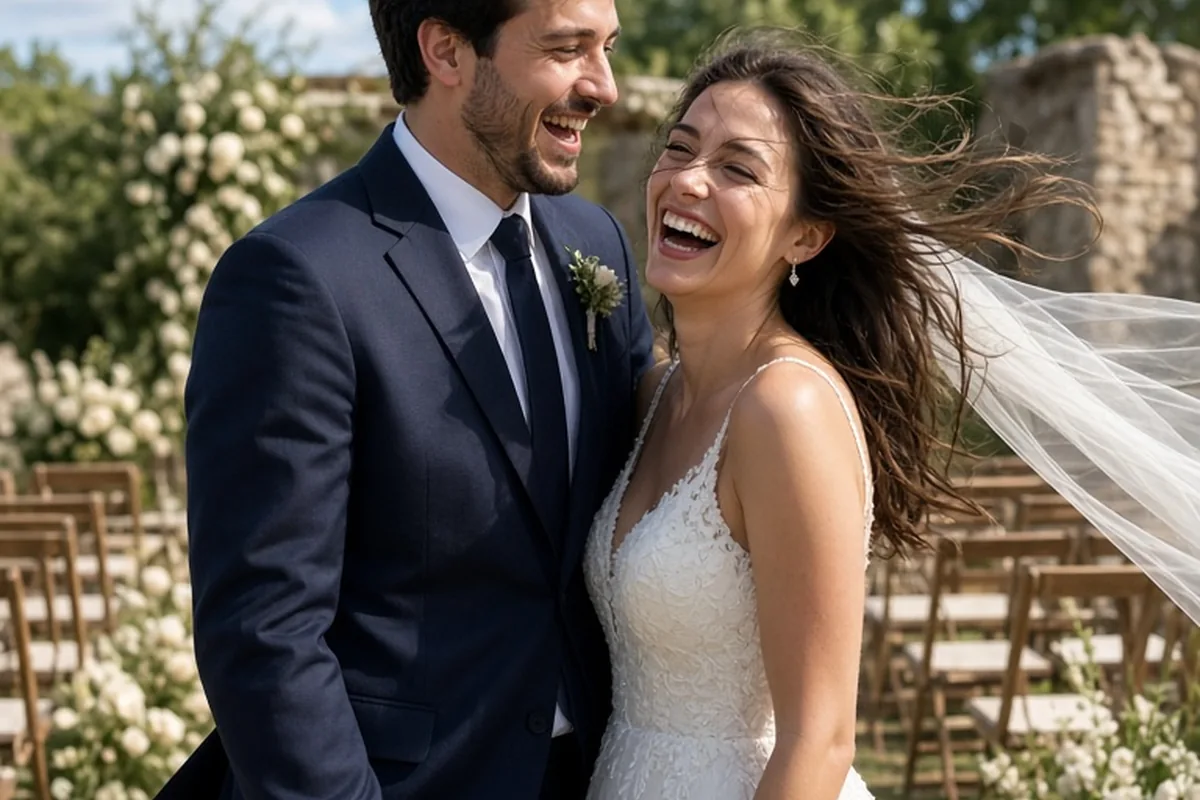 A couple laughing at an outdoor wedding with wind-blown hair