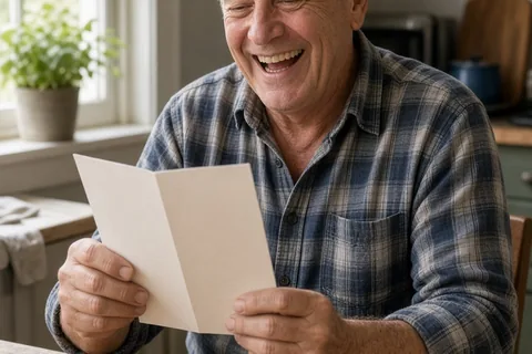 A retired man in his late sixties with salt-and-pepper hair sitting at a kitchen table laughing while holding and reading a Father's Day card