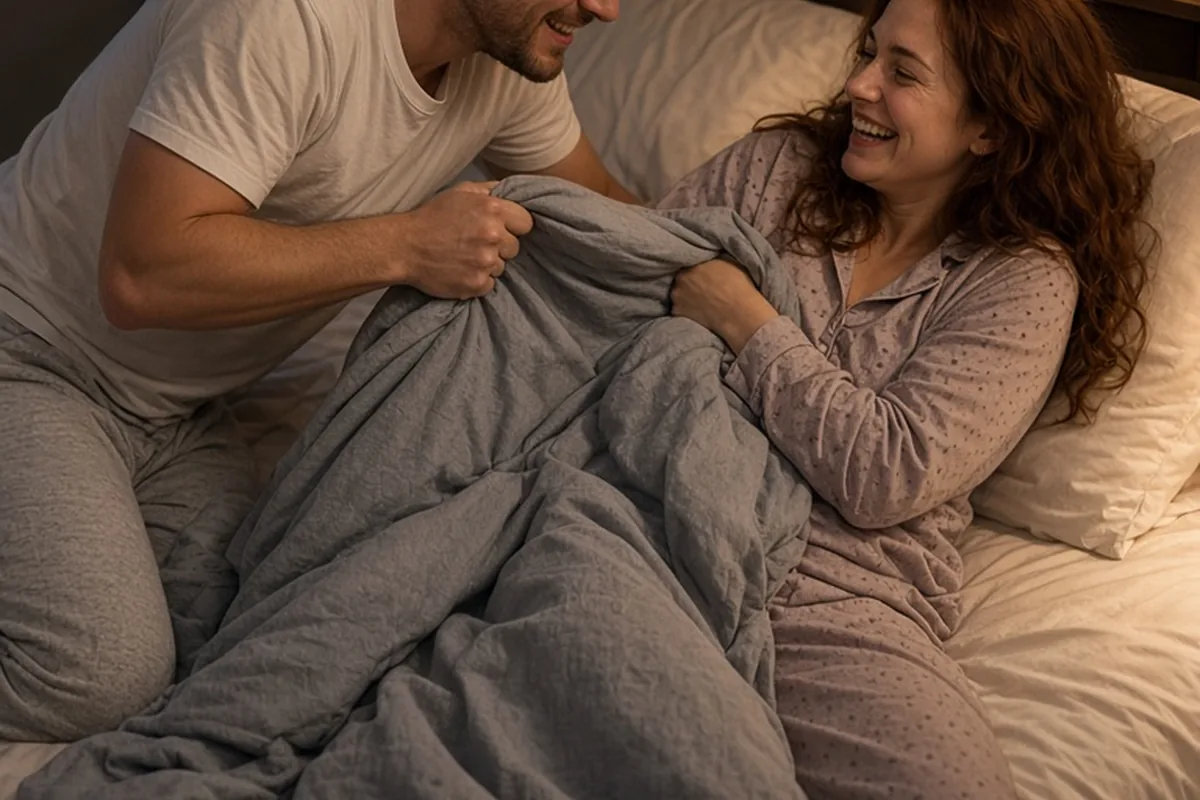 A clearly adult man in his early thirties with short tousled brown hair and a clearly adult woman in her late twenties with long wavy auburn hair lying in bed on a cold night, one playfully tugging th
