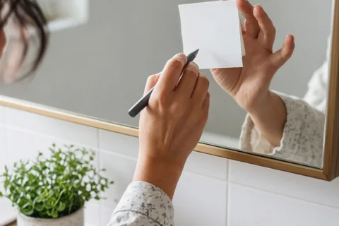 A woman in pajamas placing a small sticky note on the bathroom mirror