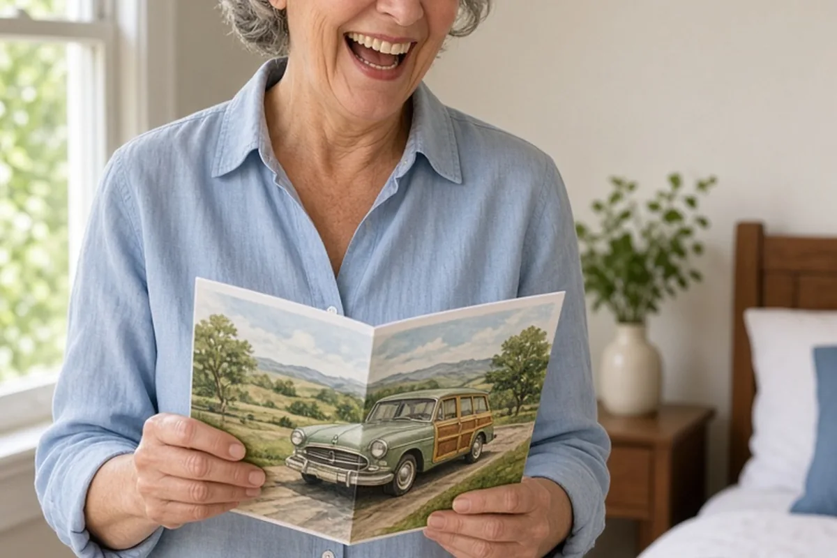 A clearly adult woman in her fifties holding an open Mother's Day card with a cartoon illustration of an old station wagon, smiling with joy and amusement.
