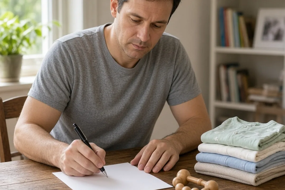 A man writing on a blank card at a desk in a home office with baby clothes and a rattle nearby, no readable text