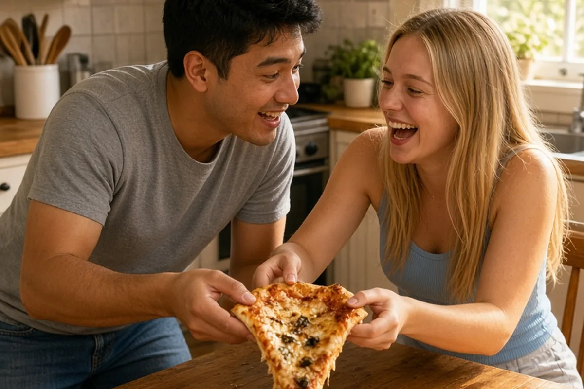 A brother and sister in a kitchen pulling at a pizza slice, both laughing