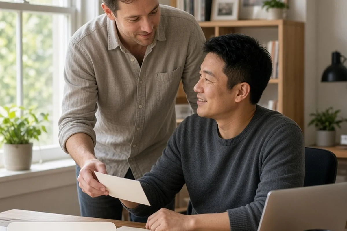 A man in his thirties handing a small white card to another man in his mid-thirties seated at a desk in a home office with natural lighting