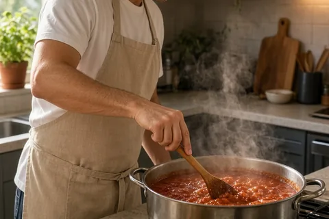 A man in a kitchen stirring pasta sauce in a pot