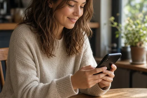 A clearly adult woman with wavy brown hair sitting at a cafe table typing on her smartphone