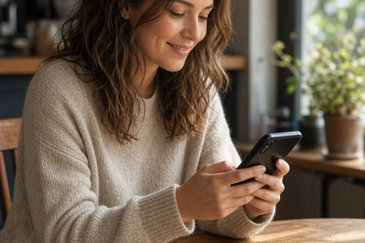 A clearly adult woman with wavy brown hair sitting at a cafe table typing on her smartphone