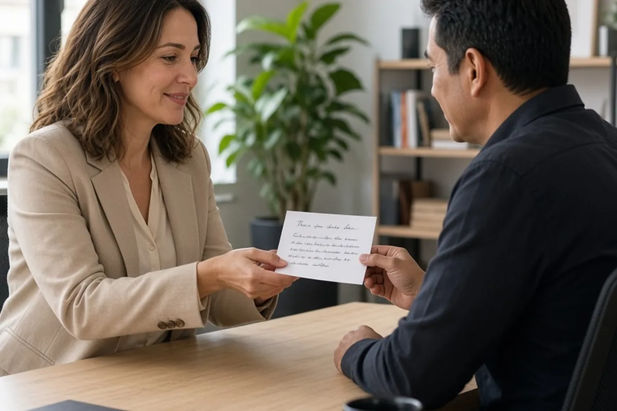 A woman in a professional office hands a handwritten note to a colleague at her desk