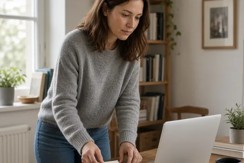 A woman with shoulder-length brown hair wearing a gray sweater placing a handwritten note beside an open laptop on a wooden desk in a home office.