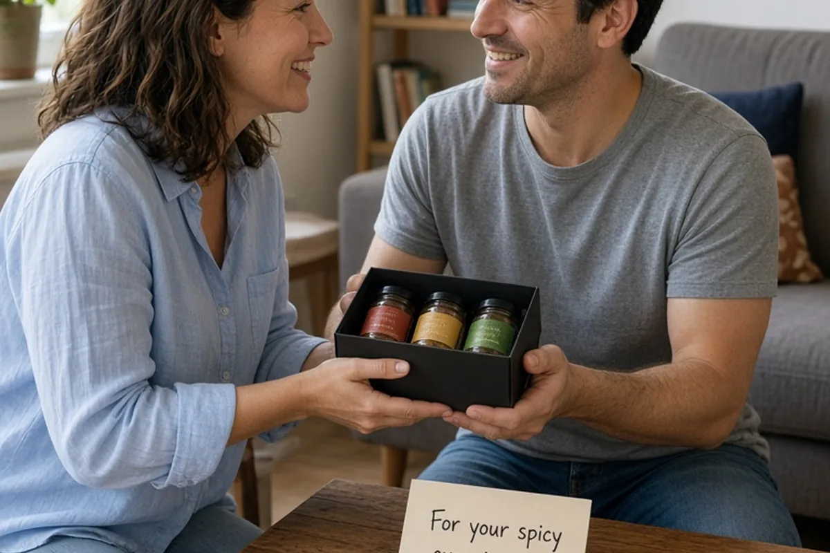 Woman with wavy brown hair handing a box of chili crisps to a smiling man with short dark hair in a living room