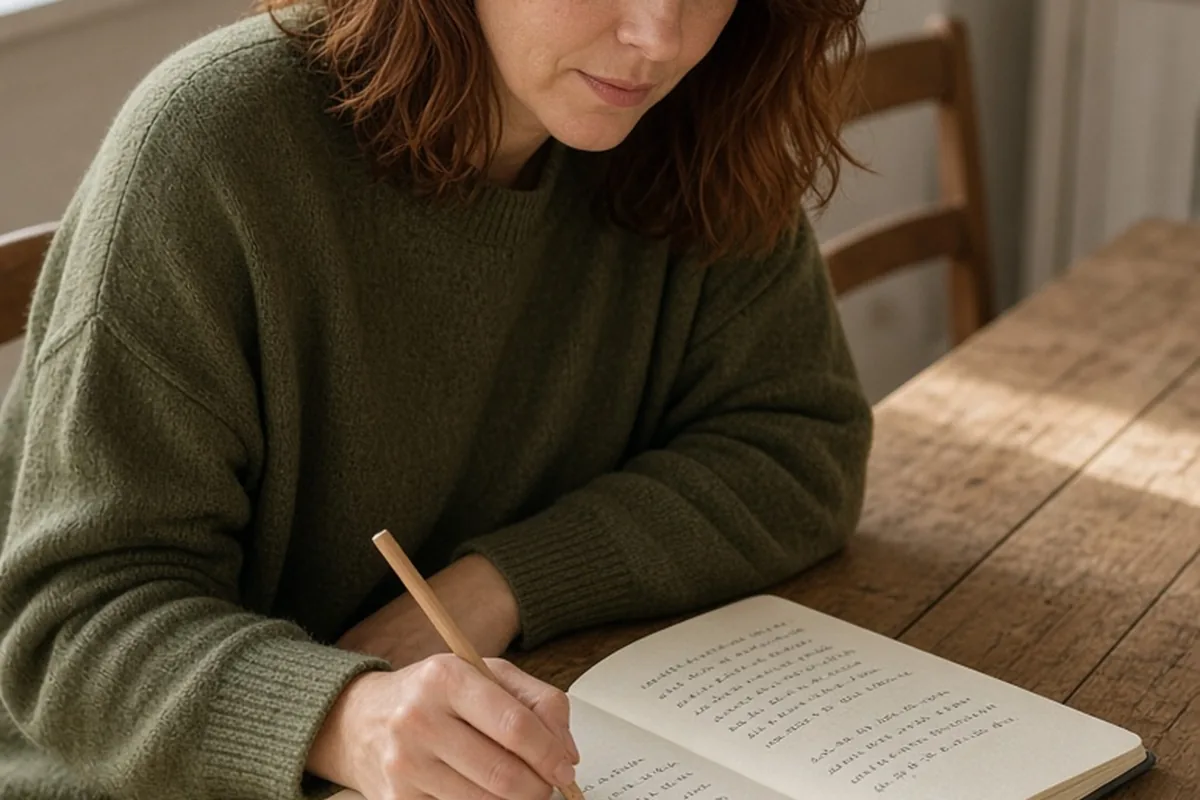 A clearly adult woman with shoulder-length auburn hair writing in a sketchbook at a wooden table with soft natural daylight