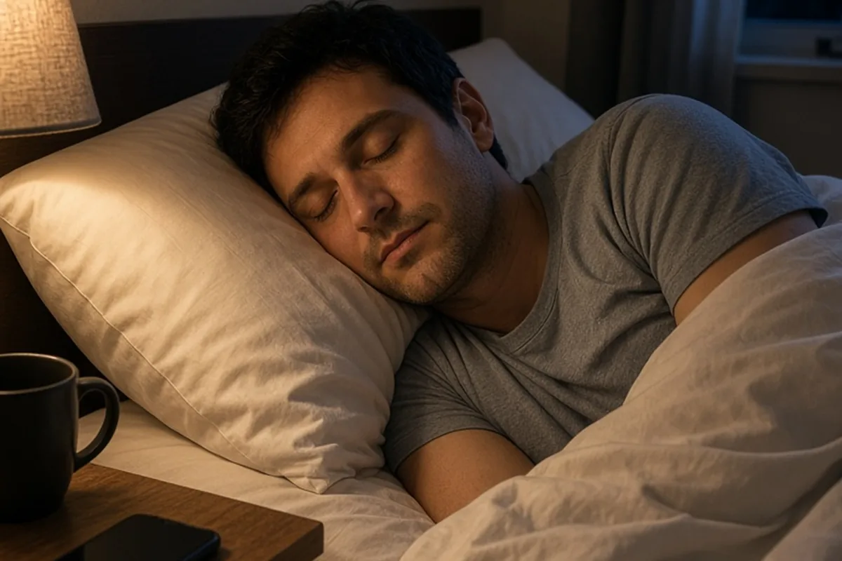 A man in his mid-thirties with short dark hair lying in bed with eyes closed peacefully at night, smartphone on the nightstand