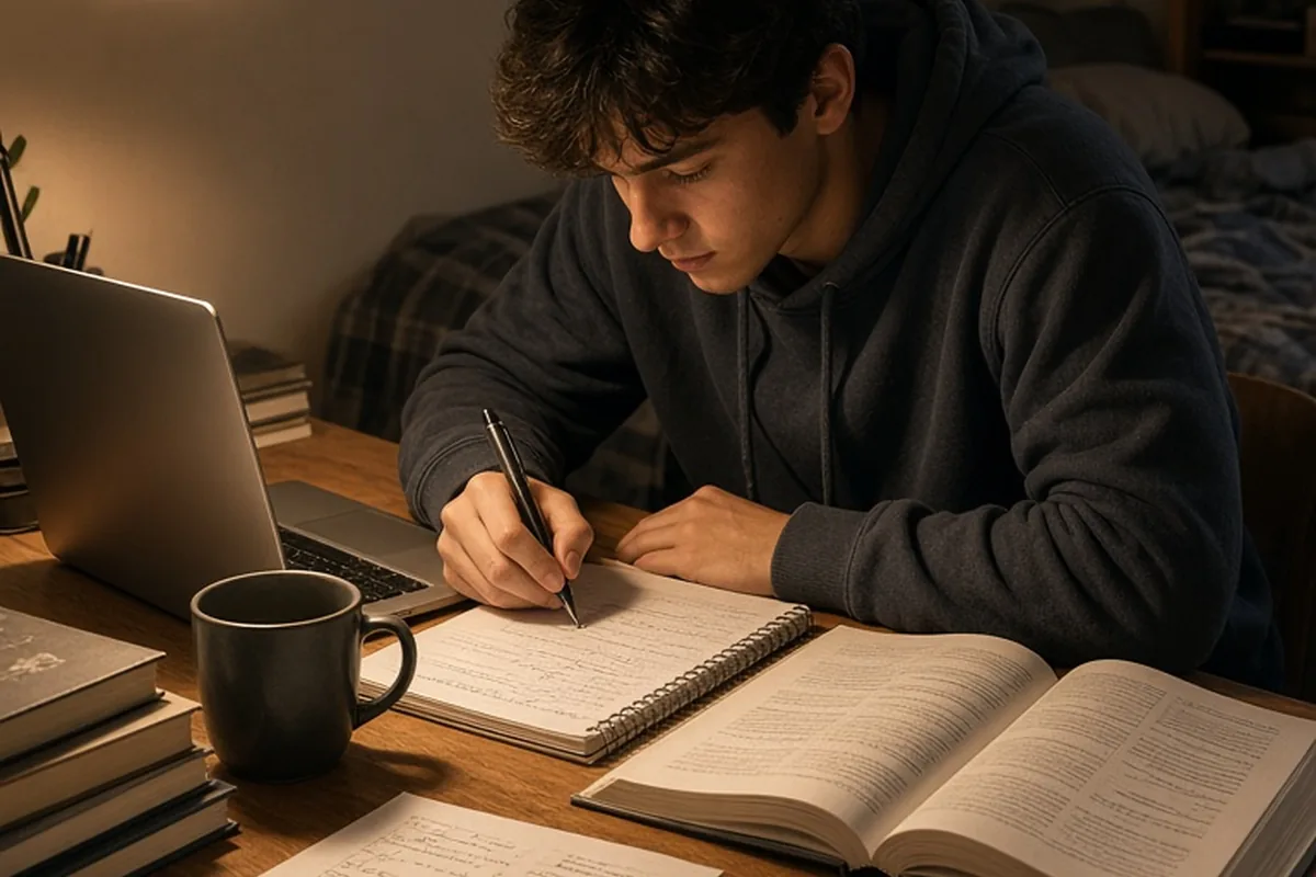 A young man in his early twenties sitting at a wooden desk studying an engineering textbook and taking notes in a bedroom at night