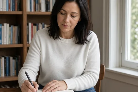 A woman writing in a notebook at a desk in a home office