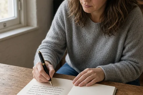 Woman in her thirties with wavy brown hair writing in an open greeting card at a wooden desk in a home office
