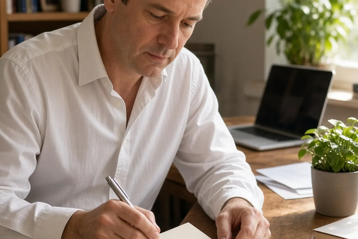 A father in his forties with short brown hair wearing a white button-up shirt and blue jeans sitting at a wooden desk in a home office, leaning forward and writing on a birthday card angled away from 