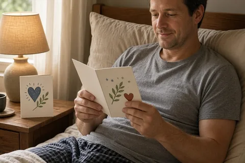 A man in his late thirties with short brown hair lying in bed holding a Father's Day card on the nightstand beside him, gazing at it thoughtfully