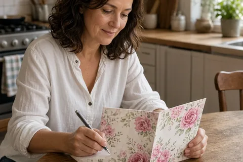A woman in her forties with shoulder-length wavy dark hair sitting at a wooden table in a home kitchen, writing on an open vibrant floral greeting card with a pen, the card and hands as the focal subj