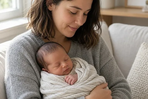 A woman in her mid-twenties holding a newborn baby girl tenderly in her arms in a bright modern home, gazing down at the baby