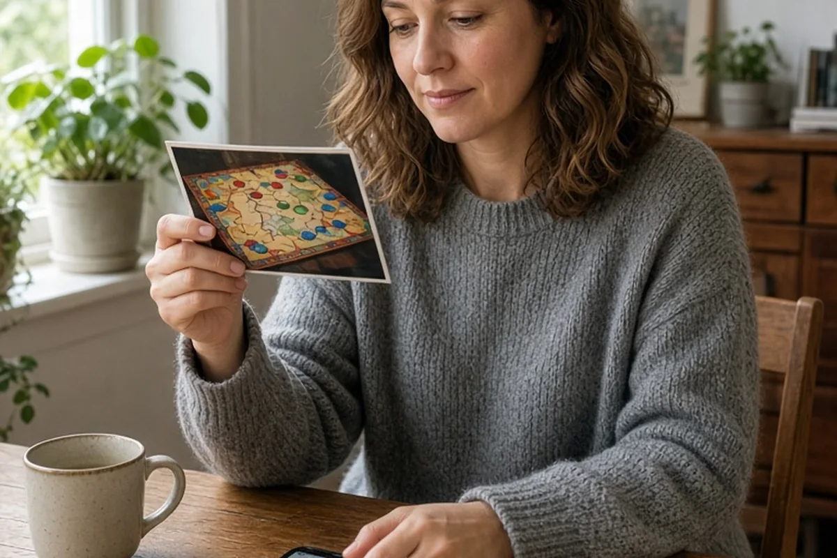 A woman in her thirties at a desk holding a printed photo of an old board game beside her phone