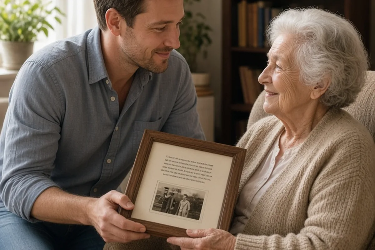 A man in his thirties handing a framed poem and photo to an elderly woman with silver hair as they sit together in a living room.