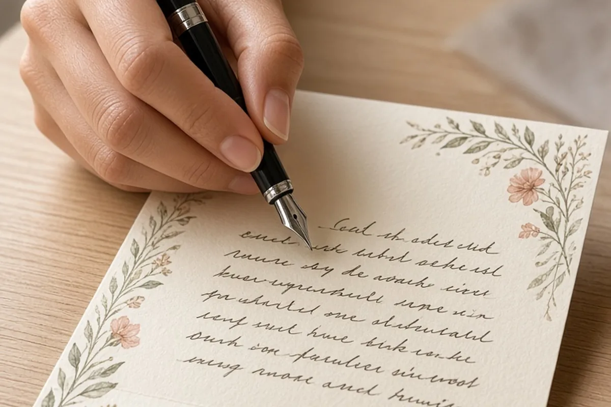 A woman's hand writing in an open birthday greeting card on a wooden desk with soft natural daylight
