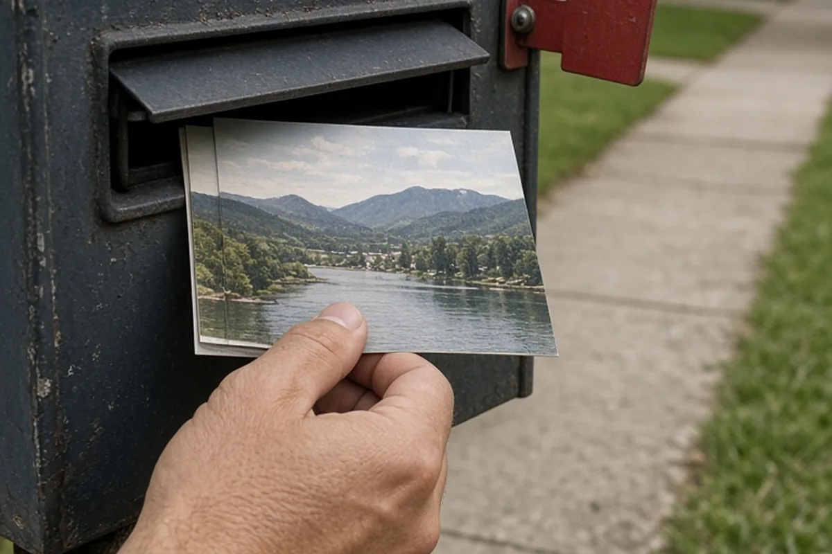 A hand inserting a scenic postcard into a mailbox on a suburban street in natural daylight