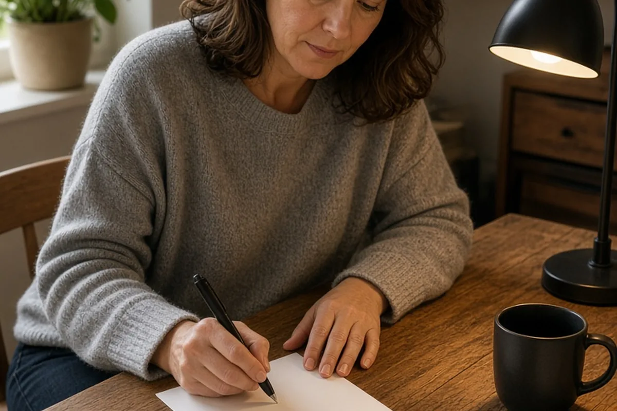 A woman in her forties writing on a blank card at a wooden desk with warm lamp and window light.