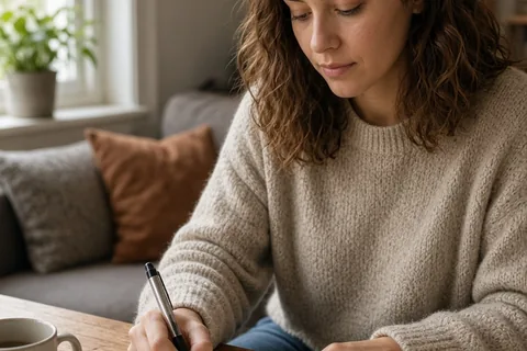 A woman in her mid-twenties with wavy brown hair sits at a wooden table writing a quote on paper in a cozy living room, captured from a medium shot slightly elevated viewpoint.