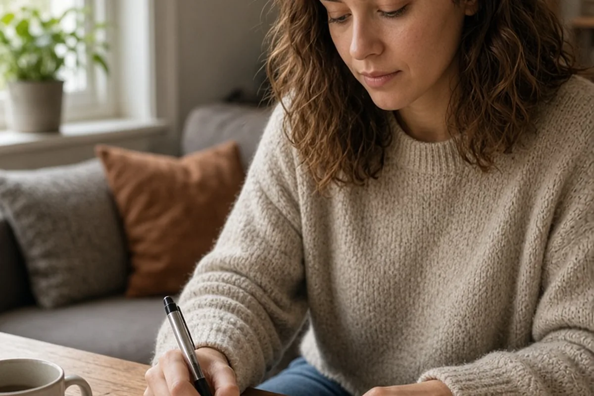 A woman in her mid-twenties with wavy brown hair sits at a wooden table writing a quote on paper in a cozy living room, captured from a medium shot slightly elevated viewpoint.