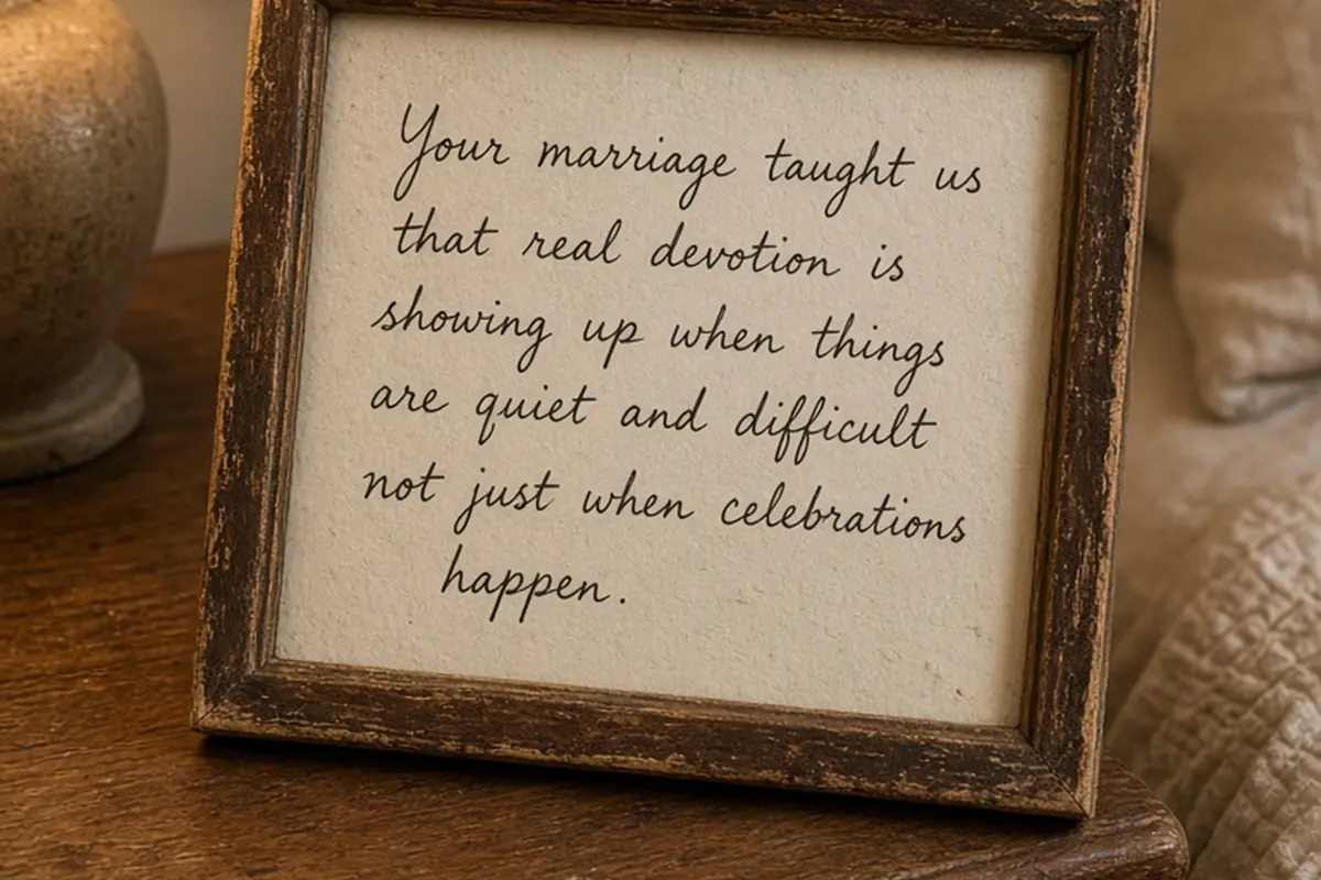 An antique wooden frame containing the handwritten quote on a nightstand beside a bed