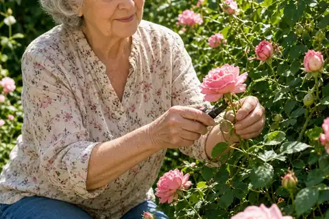A grandmother in her late 70s with short gray hair wearing a casual summer blouse and jeans tending to blooming roses in a sunny garden.
