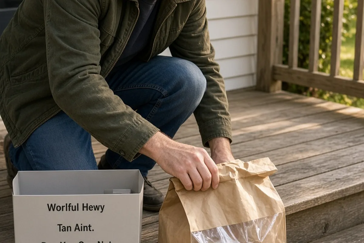 An adult man in his late thirties placing an insulated paper bag of frozen meals on a wooden porch step next to a small card