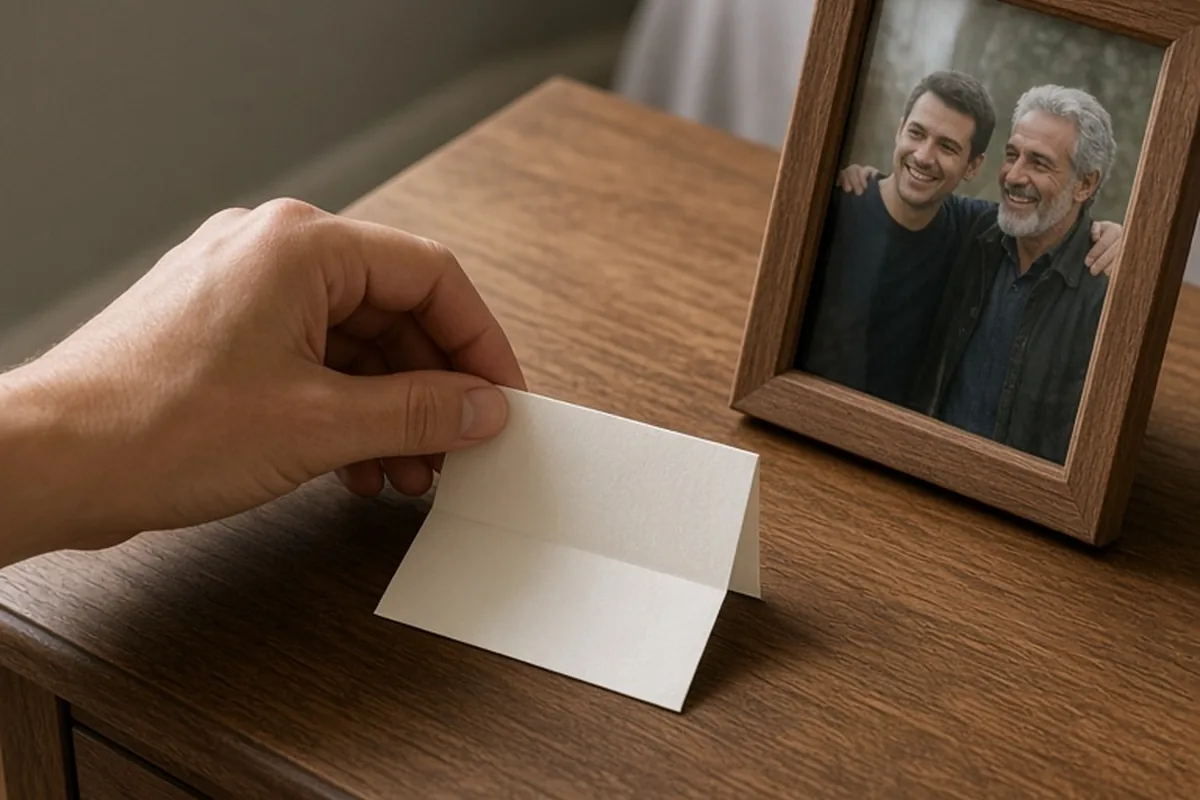 A hand placing a small white card on a wooden nightstand next to a framed photograph of two men in a bedroom.