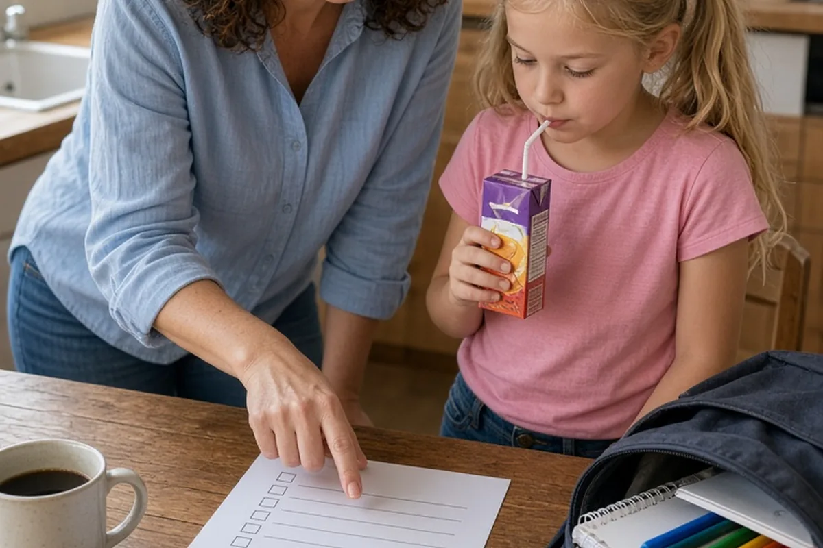 A mother with curly brown hair and her blonde-pigtailed daughter at a kitchen table, the mother pointing at a checklist while the daughter holds a snack