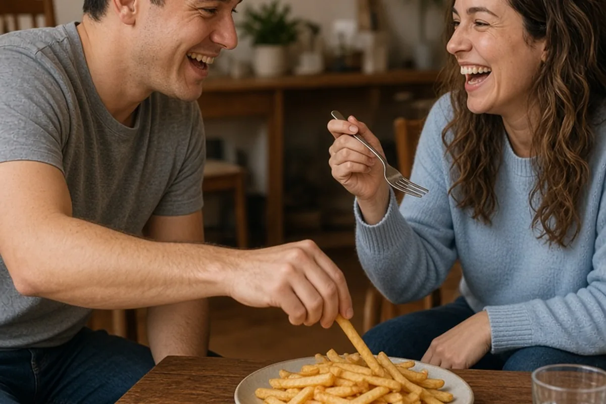 A clearly adult man in his late twenties with short dark hair and a clearly adult woman in her late twenties with long wavy brown hair at a wooden dining table, one stealing french fries from the othe