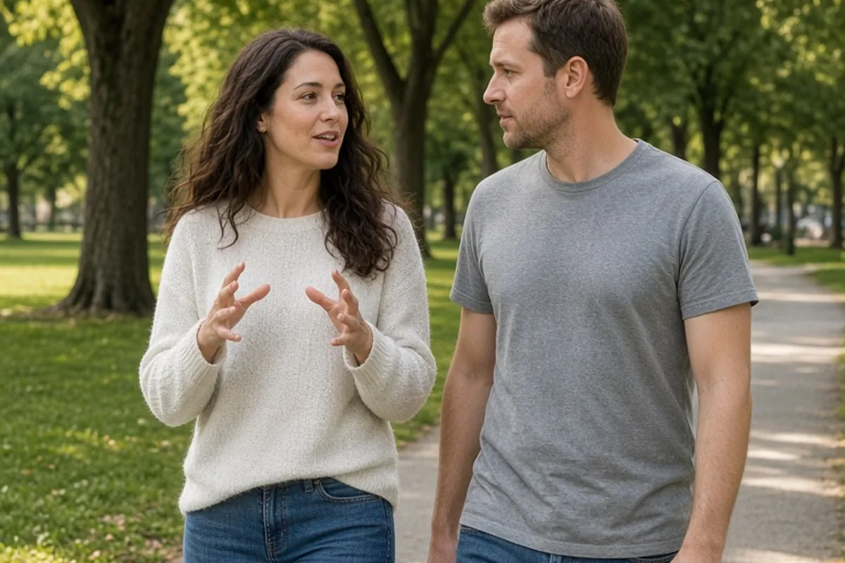 A man and a woman walking along a park path in casual clothes, the woman gesturing while speaking to her partner who is listening attentively