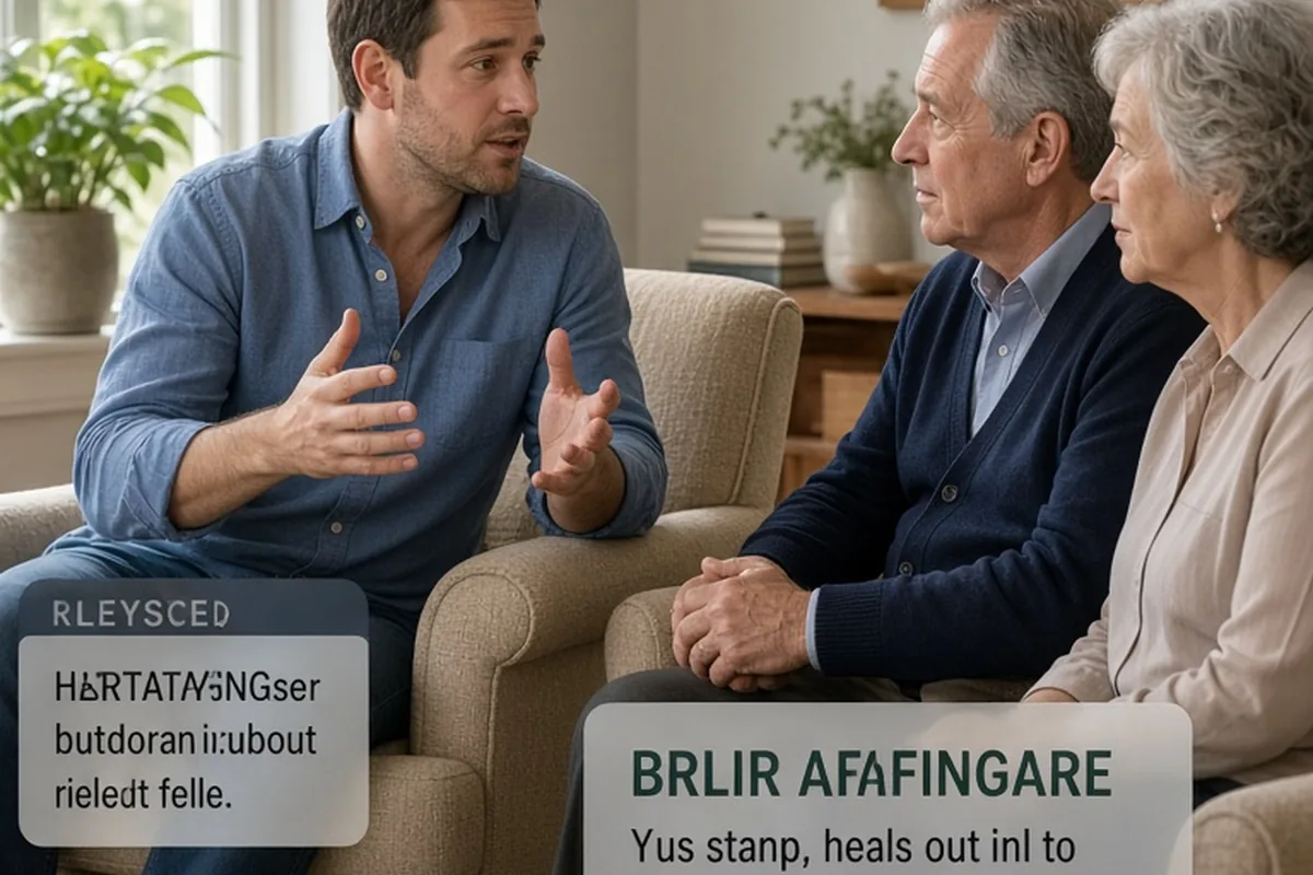 A father in his thirties with short brown hair wearing a casual blue shirt gestures while speaking to his parents in a living room with armchairs, the grandparents listening attentively