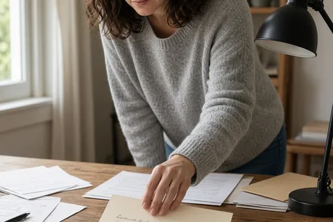 A woman placing a handwritten letter on a wooden desk in a home office