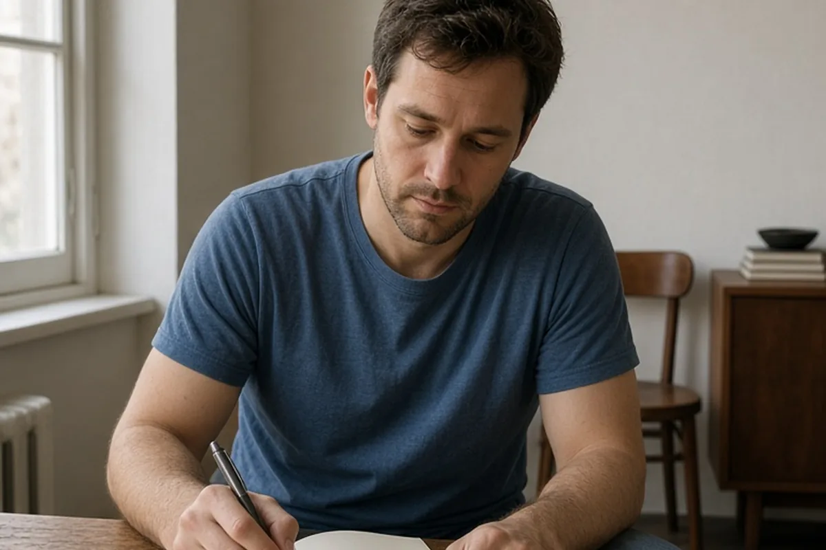 A man in his thirties with short brown hair wearing a gray t-shirt sitting alone at a wooden table in an empty apartment, holding a pen and writing in an open notebook with a calm reflective expressio