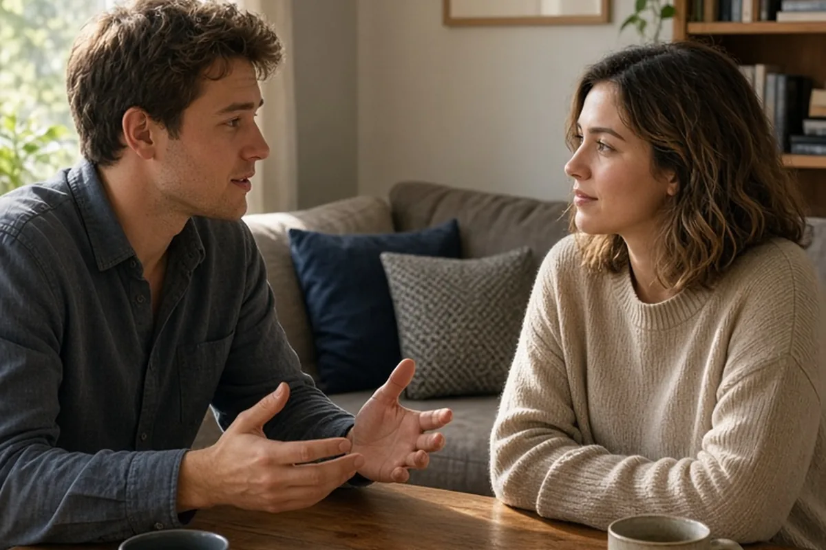 Two young adults in their early twenties sitting across from each other at a table in a living room, one gesturing as they talk about future plans, with natural light from the window