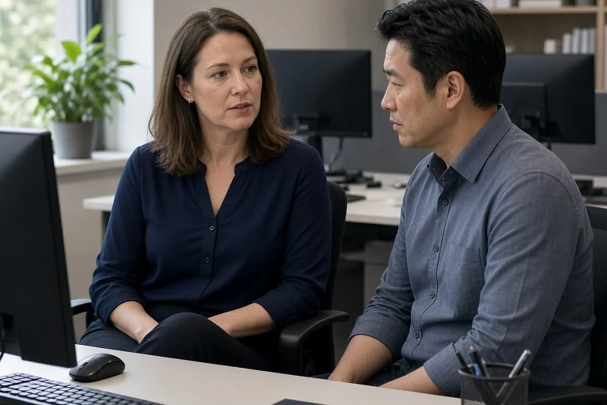 A woman seated at an office desk speaking calmly to a male colleague standing nearby as she accepts his apology and requests private feedback alignment in a professional office