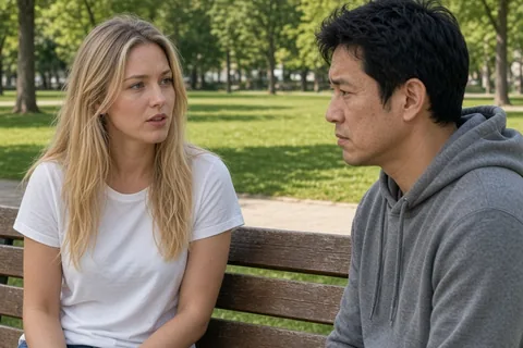 A woman on a park bench speaking to a man about ending their relationship