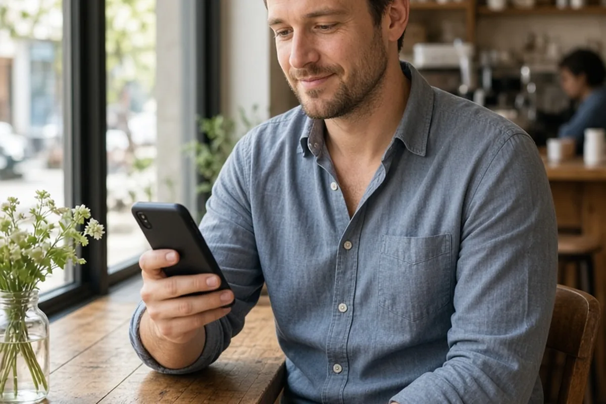 A man in his thirties with short brown hair sits at a wooden table in a bright cafe, holding his smartphone and looking at the screen with a relaxed positive expression